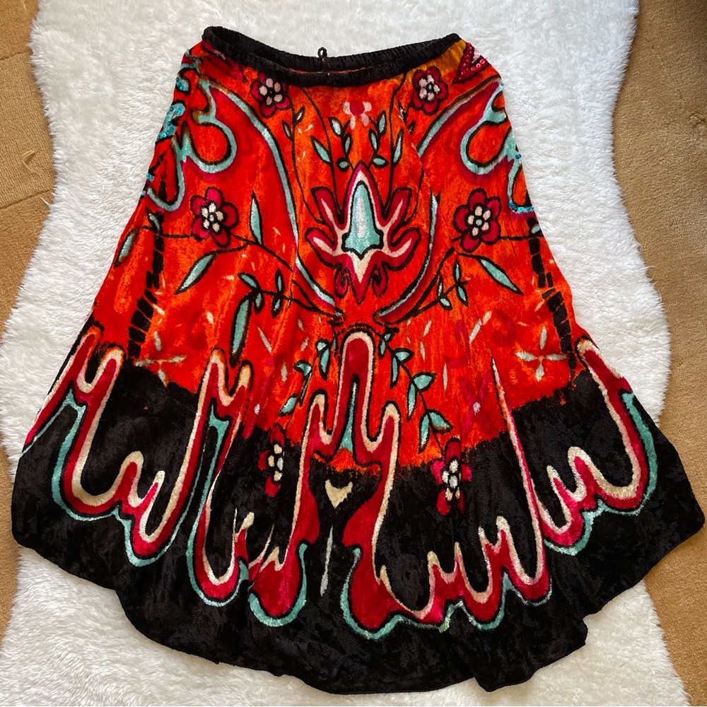 Nolita vintage velvet sequin multicolor 70’s style flowy unique midi skirt - Picture 2 of 8
